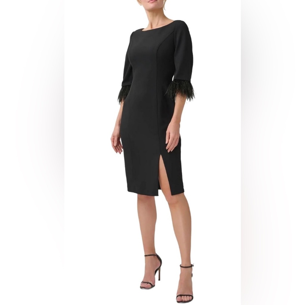 Adrianna Papell Day Boat Neck 3/4 Sleeve Feather Trim Embellishment Back Zipper